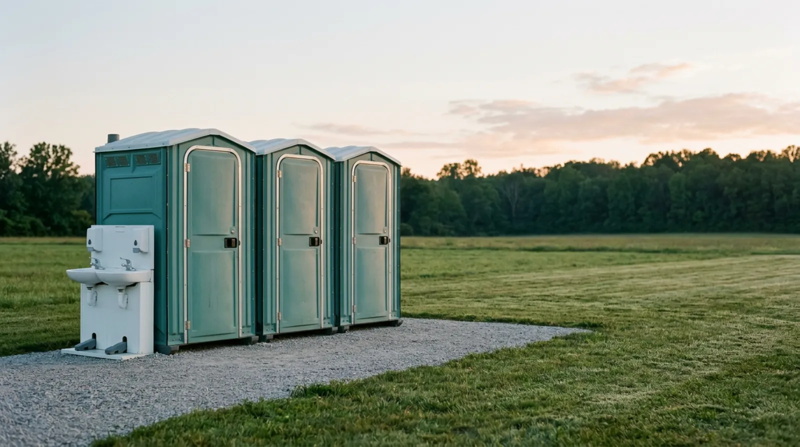 Three portable toilets and a handwash station lined up on level gravel beside a festival field at sunrise