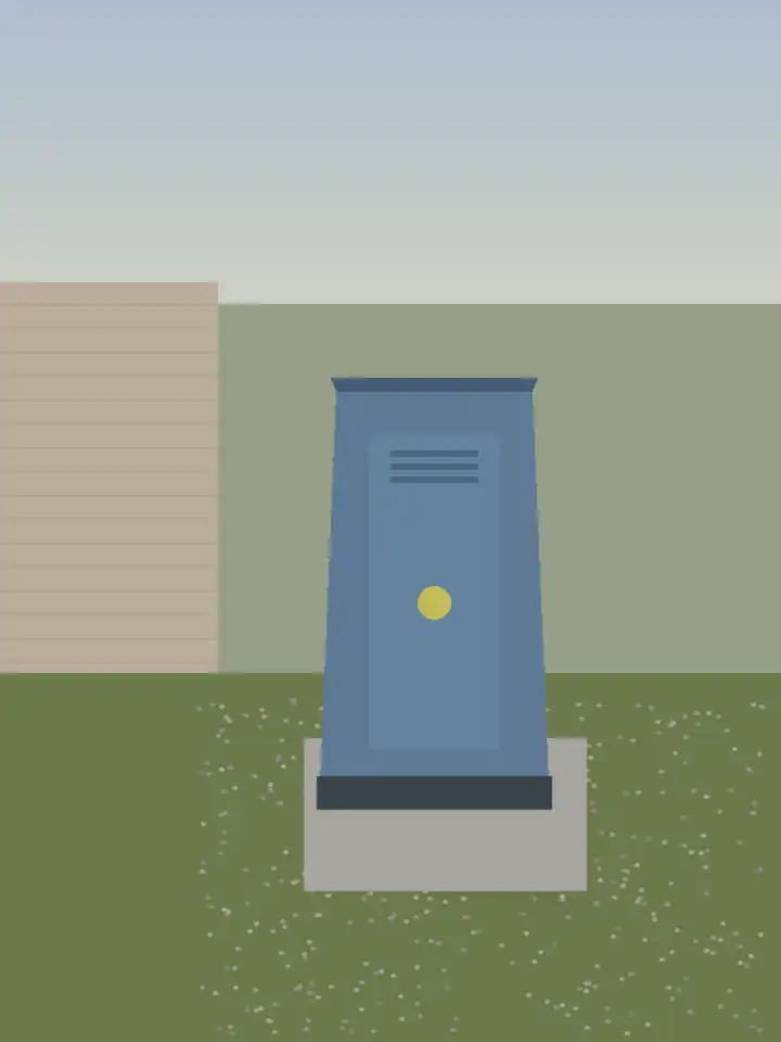 Blue plastic porta potty on a concrete pad beside a house side yard